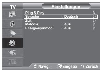 TV Einstellungen Plug & Play Sprache : Deutsch Zeit Melodie : Aus Energiesparmod. : Aus Navig. Eingabe Zurück