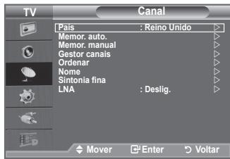 TV Canal Pais : Reino Unido Memor. auto. Memor. manual Gestor canais Organar Nome Sintonia fina LNA : Deslig. Mover Enter Voltar