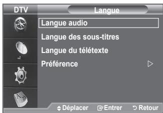 DTV Langue Langue audio Langue des sous-titres Langue du télétexte Préférence Déplacer Entrer Retour