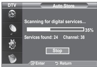 DTV Auto Store Scanning for digital services... 35% Services found: 24 Channel: 38 Stop Enter Return
