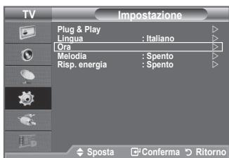 TV Impostazione Plug & Play Lingua : Italiano Ora Melodia : Spento Risp. energia : Spento Sposta Conferma Ritorno