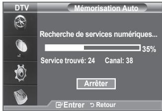 DTV Mémorisation Auto Recherche de services numériques... 35% Service trouvé: 24 Canal: 38 Arrêter Entrer > Retour