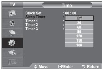 TV Clock Set : 00 : 00 Sleep Timer Timer 1 Timer 2 Timer 3 Off 30 60 90 120 150 180 Move Enter Return