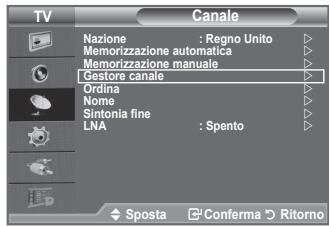 TV Canale Nazione : Regno Unito Memorizzazione automatica Memorizzazione manuale Gestore canale Ordina Nome Sintonia fine LNA : Spento Sposta Conferma Ritorno