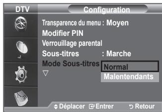 DTV Configuration Transparence du menu : Moyen Modifier PIN Verrouillage parental Sous-titres : Marche Mode Sous-titres Normal Malentendants Déplacer Entrer Retour
