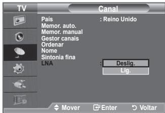 TV Pais : Reino Unido Memor. auto. Memor. manual Gestor canais Organar Nome Sintonia fina ENA : Deslig. Lig. Mover Enter Voltar