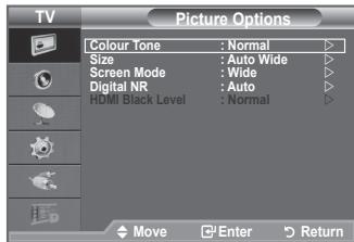 TV Picture Options Colour Tone : Normal Size : Auto Wide Screen Mode : Wide Digital NR : Auto HDMI Black Level : Normal Move Enter Return
