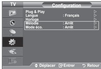 TV Configuration Plug & Play Langue : Français Horloge Mélodie : Arrêt Modé éco. : Arrêt Déplacer Entrer Retour