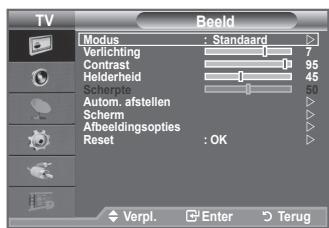 TV Beeld Modus : Standaard Verlichting 7 Contrast 95 Helderheid 45 Sachapiere 90 Autom. afstellen Schem. 8 Aftbeeldingsopties Reset : OK Verpl. Enter Terug