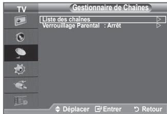 Gestionnaire de Chaînes Liste des chaînes Verrouillage Parental : Arrêt Déplacer Entrer Retour