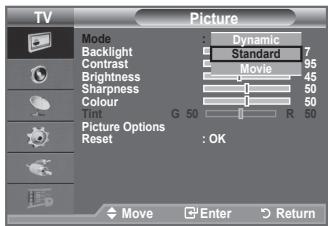 TV Picture Mode : Dynamic Backlight Standard 7 Contrast 95 Brightness Movie 45 Sharpness 1 50 Colour 1 50 G 50 R 50 Picture Options Reset : OK Move Enter Return
