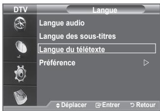 DTV Langue Langue audio Langue des sous-titres Langue du télétexte Préférence Déplacer Entrer Retour