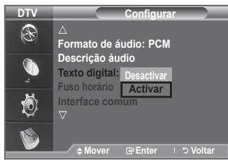 DTV Configurar Formato de áudio: PCM Descrição áudio Texto digital: Desactivar Fuso horário Activar Interface comum Mover Enter Voltar