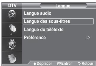 DTV Langue Langue audio Langue des sous-titres Langue du télétexte Préférence Déplacer Entrer Retour