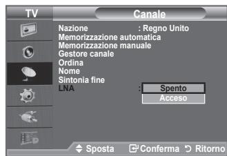 TV Canale Nazione : Regno Unito Memorizzazione automatica Memorizzazione manuale Gestore canale Ordina Nome Sintonia fine LNA : Spento Acceso Sposta Conferma Ritorno