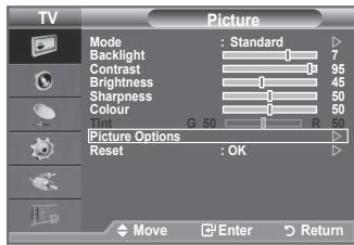 TV Picture Mode : Standard Backlight 7 Contrast 95 Brightness 45 Sharpness 50 Colour 50 G 50 R Picture Options Reset : OK Move Enter Return