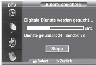 DTV Autom. speichern Digitale Dienste werden gesucht... 35% Dienste gefunden: 24 Sender: 38 Stopp Select | > Zurück