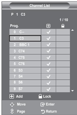 Channel List P 1 C3 1 / 10 Prog. 0 C-- 1 C3 2 BBC 1 3 C74 4 C75 5 C76 6 S3 7 S4 8 S6 9 S7 Add Lock Move Enter Page Return