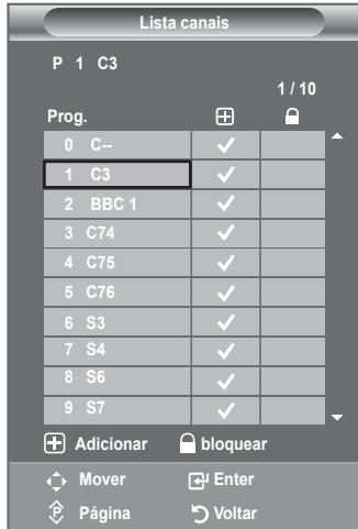 Lista canais P 1 C3 1 / 10 Prog. 0 C-- 1 C3 2 BBC 1 3 C74 4 C75 5 C76 6 S3 7 S4 8 S6 9 S7 Adicionar bloquear Mover Enter Página Voltar