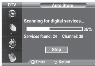 DTV Auto Store Scanning for digital services... 35% Services found: 24 Channel: 38 Stop Enter Return