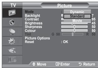 TV Picture Mode : Dynamic Backlight Standard 7 Contrast 95 Brightness Movie 45 Sharpness 1 50 Colour 1 50 G 50 R 60 Picture Options Reset : OK Move Enter Return