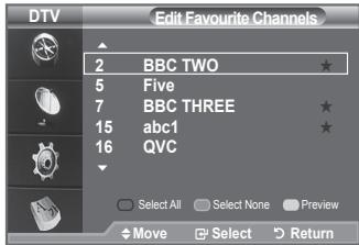 DTV Edit Favourite Channels 2 BBC TWO 5 Five 7 BBC THREE 15 abc1 16 QVC Select All Select None Preview Move Select Return