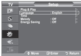 TV Setup Plug & Play Language : English Time Melody : Off Energy Saving : Off Move Enter Return