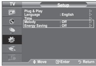 TV Setup Plug & Play Language : English Time Melody : Off Energy Saving : Off Move Enter Return