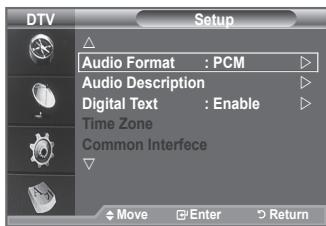 DTV Setup Audio Format : PCM Audio Description Digital Text : Enable Time Zone Common Interfece Move Enter Return