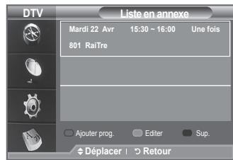 DTV Liste en annexe Mardi 22 Avr 15:30 ~ 16:00 Une fois 801 RaiTre Ajouter prog. Editter Sup. Déplacer Retour