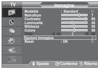 TV Imagine Modalità : Standard Retroillum 7 Contrasto 95 Luminosita 45 Nitidezza 50 Colore 50 G 50 R Opzioni immagine Reset : OK Sposta Conferma Ritorno