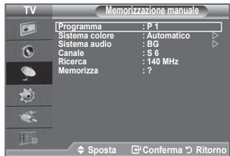 TV Memorizzazione manuale Programma : P 1 Sistema colore : Automatico Sistema audio : BG Canale : S 6 Ricerca : 140 MHz Memorizza : ?