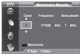DTV Mémorisation Manuelle Canal Fréquence Bande passante 5 177500 KHz 7 MHz Recherche Régler Retour