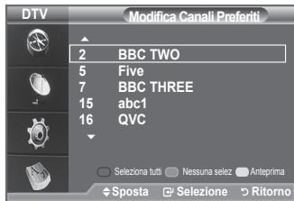 DTV Modifica Canali Preferiti 2 BBC TWO 5 Five 7 BBC THREE 15 abc1 16 QVC Selezione tutti Nessuna selez Anteprima Sposta Selezione Ritorno