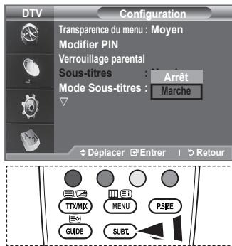 DTV Configuration Transparence du menu : Moyen Modifier PIN Verrouillage parental Sous-titres : Arrêt Mode Sous-titres : Marche Déplacer Entrer Retour TTX/MIX MENU PS/PE GUIDE SUBT