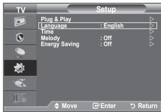 TV Setup Plug & Play Language : English Time Melody : Off Energy Saving : Off Move Enter Return