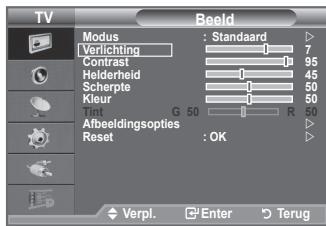TV Modus : Standard Verlichting 7 Contrast 95 Helderheid 45 Scherpte 60 Kleur 50 Tint G 50 R 50 Afbeeldingsopties Reset : OK Verpl. Enter Terug