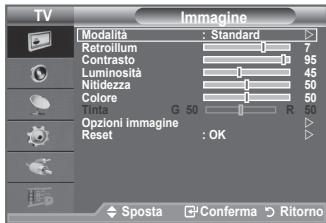 TV Imagine Modalita : Standard Retroillum 7 Contrasto 95 Luminosita 45 Nitidezza 50 Colore 50 G 50 R Opzioni immagine Reset : OK Sposta Conferma Ritorno