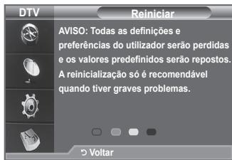 DTV Reiniciar AVISO: Todas as definições e preferências do utilizador serão perdidas e os valores predefinidos serão repostos. A reinicialização só é recomendável quando tiver graves problemas. ► Voltar
