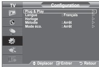 Configuration Plug & Play Langue : Français Horloge Mélodie : Arrêt Modé éco. : Arrêt Déplacer Entrer Retour