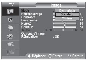 TV Image Mode : Dynamique Rétroéclairage Standard 7 Contraste 95 Luminosité Cinéma 45 Nettété 50 Couleur 50 Options d'image : OK Reinitialiser G 50 R 50 Déplacer Entrer Retour