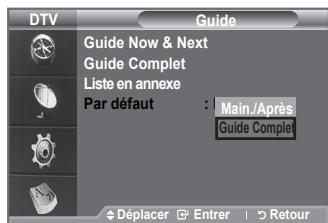 DTV Guide Guide Now & Next Guide Complet Liste en annexe Par défaut : Main./Après Guide Complet Déplacer Entrer Retour