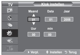 Klok instellen Maand Data Jaar 01 01 2008 Uur,min 00 00 ► Verpi. ◆ Instellen ○ Terug