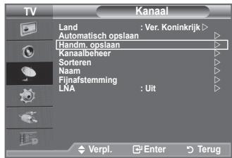 TV Kanaal Land : Ver. Koninkrijk > Automatisch opslaan Handm. opslaan Kanaalbeheer Sorteren Naam Fijnafstemming LNA : Uit Verpl. Enter Terug