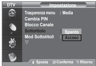 DTV Impostazione Trasparenza menu : Media Cambia PIN Blocco Canale Sottotitolo : Spento Mod Sottotitoli : Acceso Sposta Conferma Ritorno
