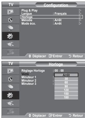 TV Configuration Plug & Play Langue : Français Horloge Mélodie : Arrêt Mode éco. : Arrêt Déplacer Entrer Retour TV Horloge Réglage Horloge : 00 : 00 Volle : Arrêt Minuteur 1 : 30 Minuteur 2 : 60 Minuteur 3 : 90 120 150 180 Déplacer Entrer Retour