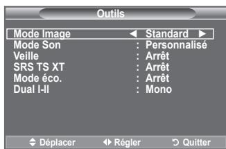 Outils Mode Image Standard Mode Son : Personnalisé Veille : Arrêt SRS TS XT : Arrêt Mode éco. : Arrêt Dual I-II : Mono Déplacer Régler Quitter