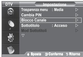 DTV Impostazione Trasparenza menu : Media Cambia PIN Blocco Canale Sottotitolo : Acceso Mod Sottotitoli Sposta Conferma Ritorno
