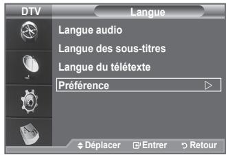 DTV Langue Langue audio Langue des sous-titres Langue du télétexte Préférence Déplacer Entrer Retour