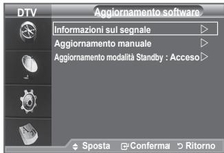 DTV Aggiornamento software Informazioni sul segnale Aggiornamento manuale Aggiornamento modalità Standby : Acceso Sposta Conferma Ritorno